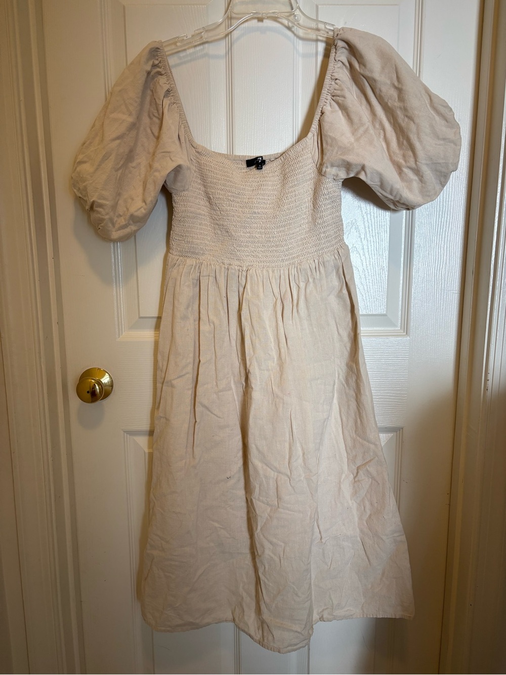 7 For All Mankind Cream Smocked Puff Sleeve Dress